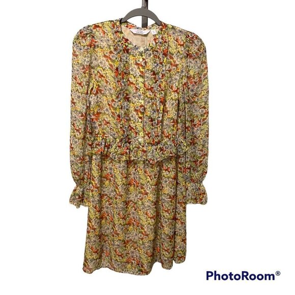 & Other Stories Chiffon Yellow Floral Pintuck Ruffle Dress - Picture 2 of 12